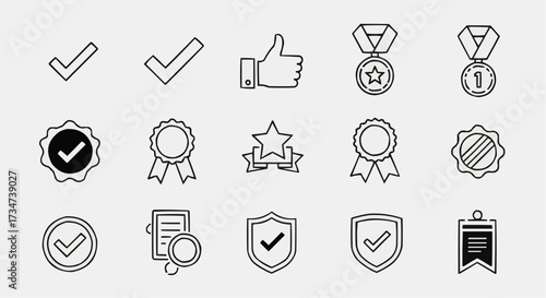 Line art icon set displaying approval, success, and quality assurance, suitable for websites, apps, and presentations, indicating reliability and trust