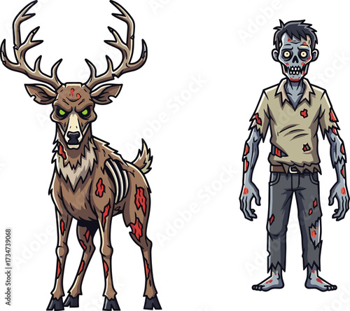 Zombie deer, undead human, creepy monster, horror fantasy, scary artwork, spooky illustration, Halloween theme, eerie creature, nightmare design, dark cartoon