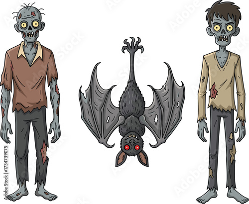 Zombie characters, creepy bat, undead monsters, horror fantasy, scary artwork, spooky illustration, Halloween theme, eerie creatures, nightmare design, dark cartoon
