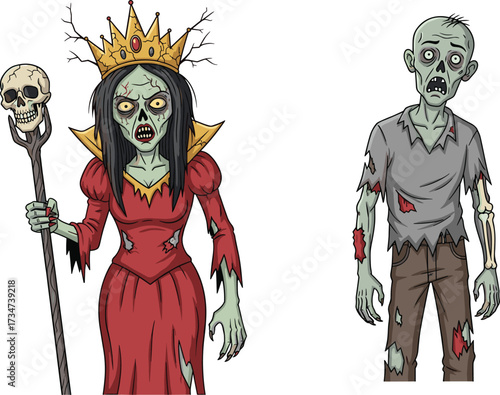 Zombie queen, undead king, creepy monsters, horror fantasy, scary artwork, spooky illustration, Halloween theme, eerie creatures, nightmare design, dark cartoon