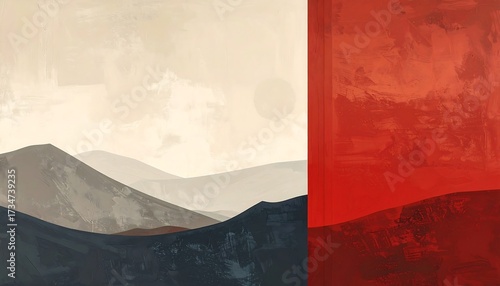 Serene Mountain Vista with Bold Red Geometric Panel.