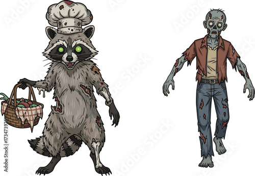 Zombie raccoon chef, undead human, creepy monster, horror fantasy, scary artwork, spooky illustration, Halloween theme, eerie creature, nightmare design, dark cartoon