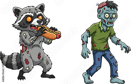 Zombie raccoon, undead human, creepy monster, horror fantasy, scary artwork, spooky illustration, Halloween theme, eerie creature, nightmare design, dark cartoon