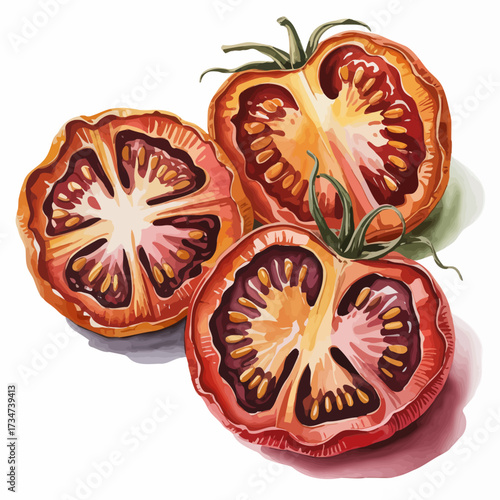 Watercolor Illustration of Heirloom Tomato Halves Fresh Culinary Food Art Isolated on White Background Delicious Cooking Ingredient