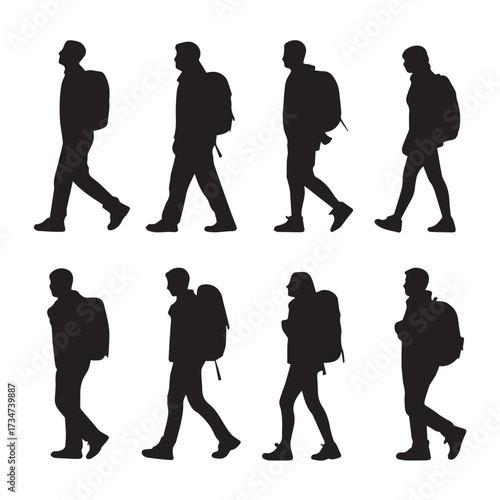Set of Eight Hiking and Trekking Traveler Silhouettes