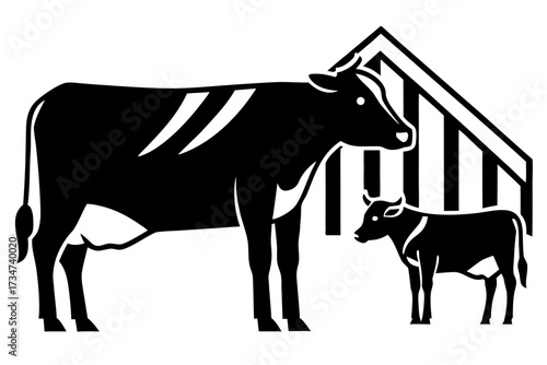 A domestic cow with calf in a barn