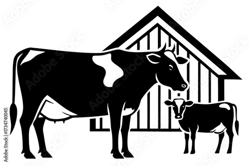 A domestic cow with calf in a barn