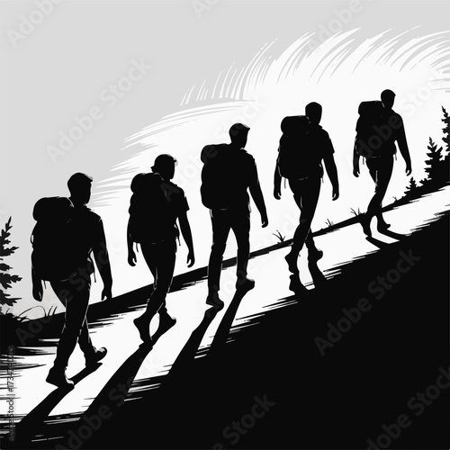 Set of Eight Hiking and Trekking Traveler Silhouettes
