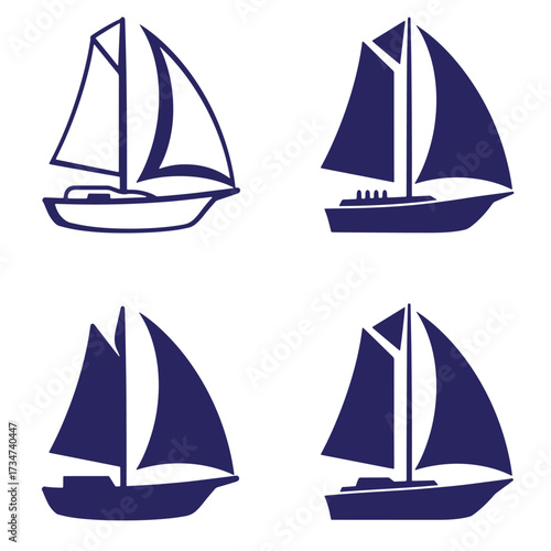 Collection of simple blue sailboat illustrations with various designs on a white background