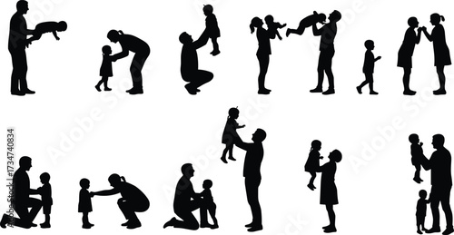 Parents and children silhouettes playing, bonding, family love, parenting moments, childhood care, happy togetherness, parent child relationship vector illustration