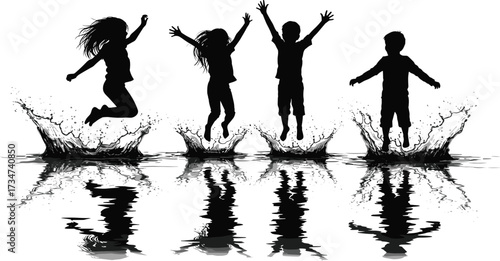 Happy children silhouettes jumping in water with splashes, summer fun, outdoor play, joyful kids, reflection vector illustration design art