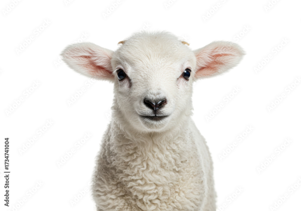 Fototapeta premium Isolated Charming lamb face portrait looking at the camera with open ears lovely animal