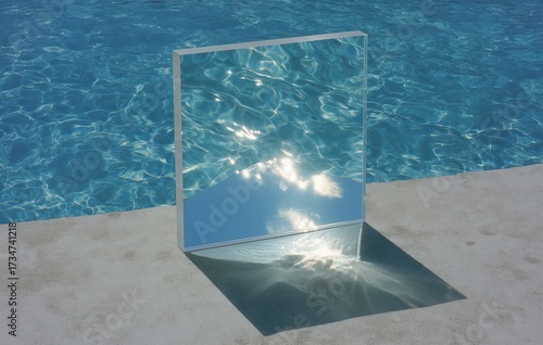 Square mirror placed beside swimming pool reflecting sunlight on water surface