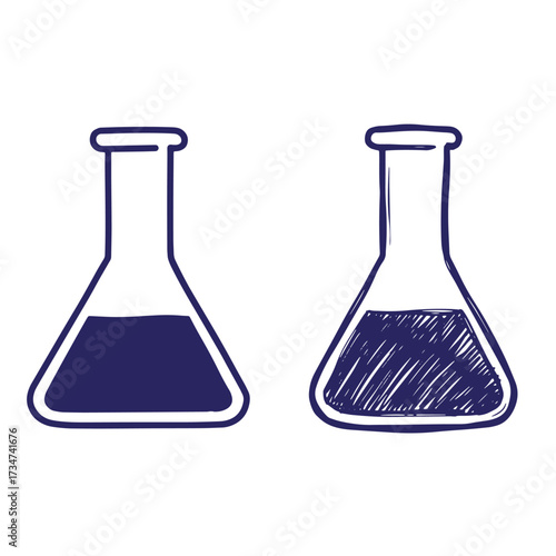 Hand drawn blue filled erlenmeyer flasks on a clean white background for science education