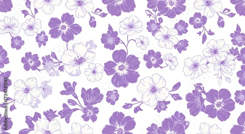 Floral pattern design with purple and white flowers on white background