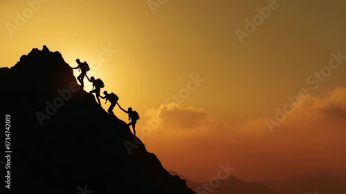 team of hikers helping each other climbing mountain at sunset silhouette teamwork and support concept