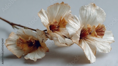   A pair of white blooms rest atop a white desk alongside a verdant foliage plant on a nearby surface