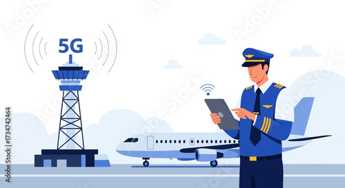 5G technology and aviation modern technology concept with pilot using tablet and airplane at