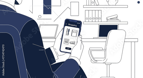 A businessman shops online for office supplies with a mobile device in office environment