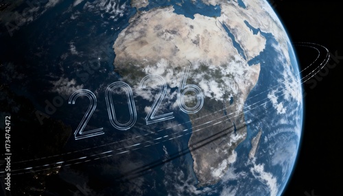 View of Earth from space with luminous 2026 rings orbiting the planet, symbolizing new horizons, sustainability, planetary unity, cosmic exploration and global responsibility toward the future.