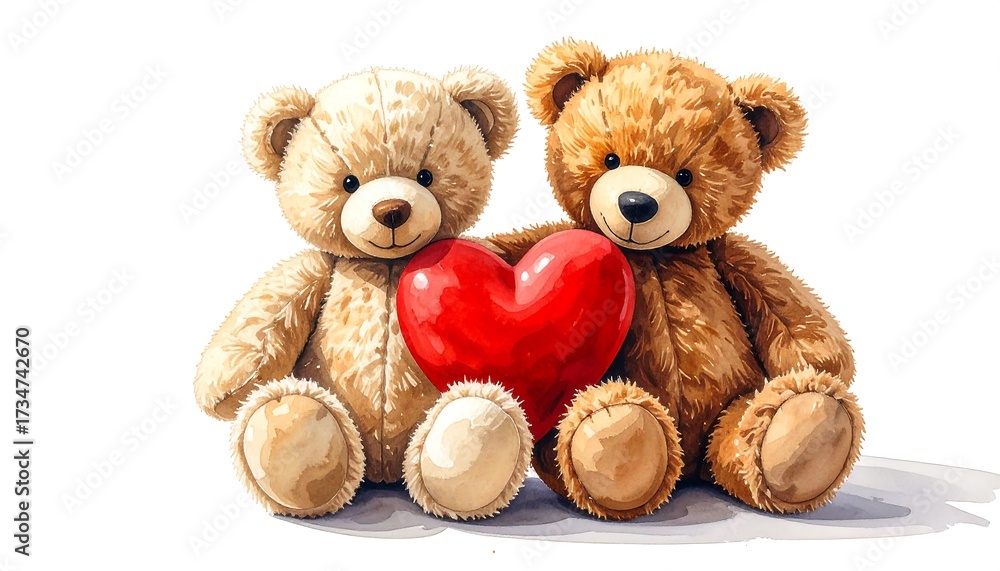 Fototapeta premium Two teddy bears, seated close together, hold a large, vibrant red heart, radiating affection and a heartwarming scene.