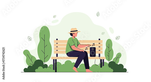 A man listens to music in the park enjoying nature's serene ambiance and tranquility sitting on a