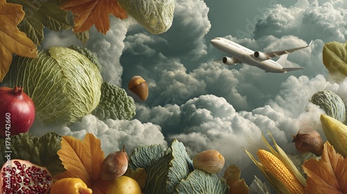   A large jetliner flying through the clouds above an orchard of fruits and vegetables on a rainy day