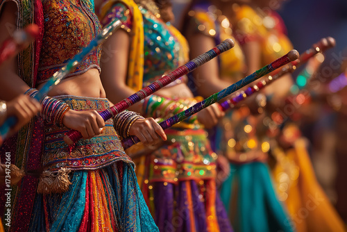Girls in Traditional Garba Dress Playing Dandiya Dance During Navratri