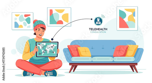 A young adult engages in a telehealth consultation from home comfortably and easily