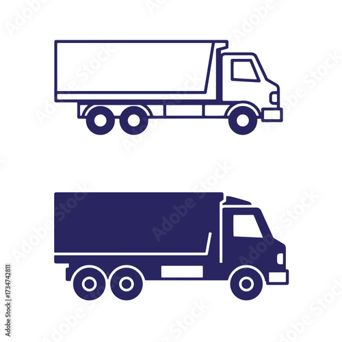 Modern dump truck icons in two color options representing delivery and transportation
