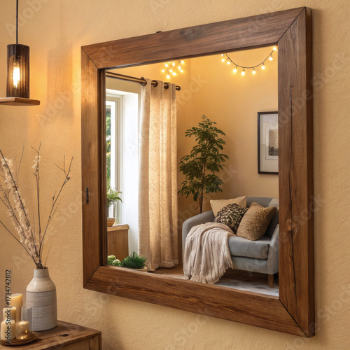 Rustic wooden framed mirror reflecting a cozy living room with string lights