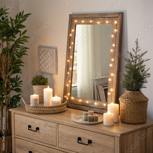 Cozy bedroom dresser with mirror and festive lights for a warm ambiance