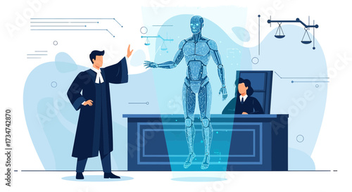 AI in legal practice: A lawyer presenting a holographic robot in court, highlighting the