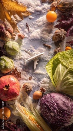   A diverse array of fruits and vegetables adorn a table, with a plane visible both foreground and background