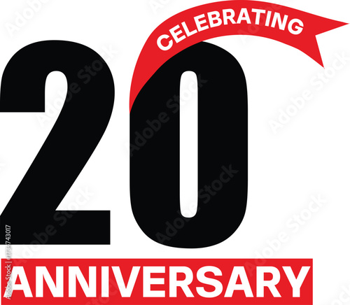 Celebrating 20 Years Anniversary vector logo. Twentieth jubilee icon with red ribbon banner for a business event.

