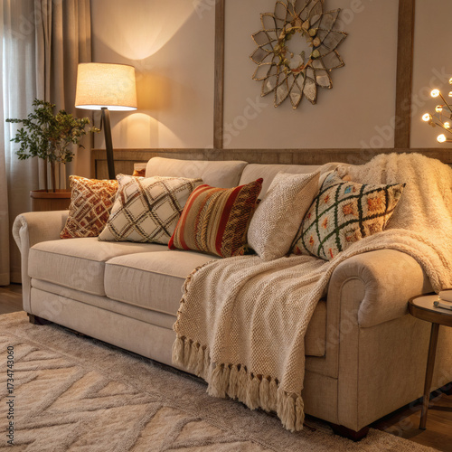 Cozy living room sofa with decorative pillows and knitted throw blanket