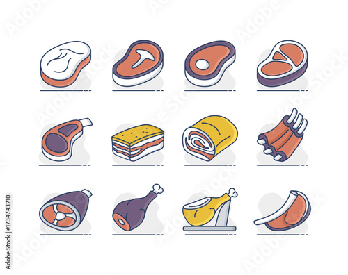 Various Meat Cuts Minimal Flat Icon Set
