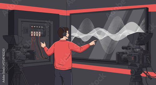Behind the scenes professional audio engineer managing sound waves in recording studio