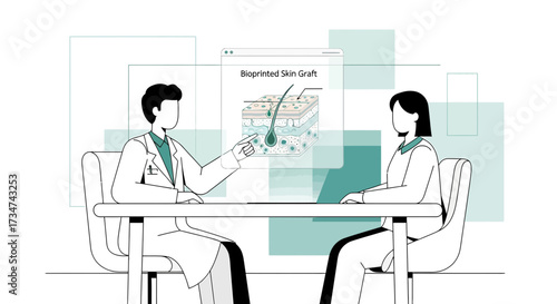 Bioprinted skin graft consultation with doctor explaining the process to patient illustration