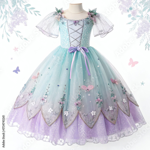 Enchanting pastel princess gown with floral and butterfly embellishments