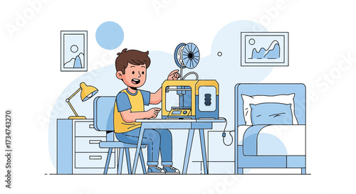 Boy enthusiastically using a 3D printer in his bedroom a creative and engaging scene