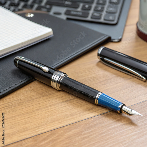 Elegant fountain pen rests on a wooden desk beside a laptop and notebook