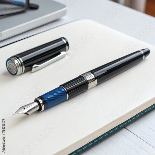 Elegant black fountain pen with blue accents on a notebook