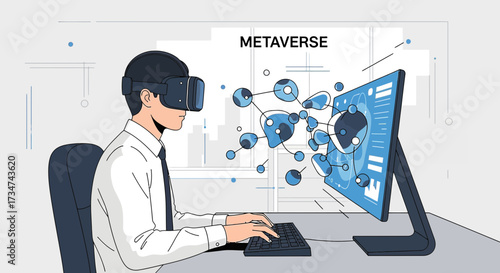 Cartoon man wearing virtual reality headset using keyboard on metaverse platform