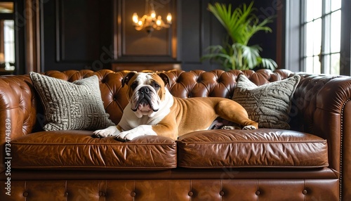 Dog Resting on Leather Couch in Elegant Room