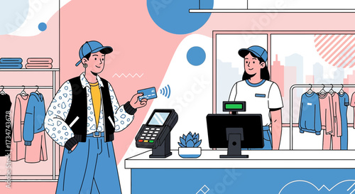Contactless payment modern shopping experience in fashion retail store illustration