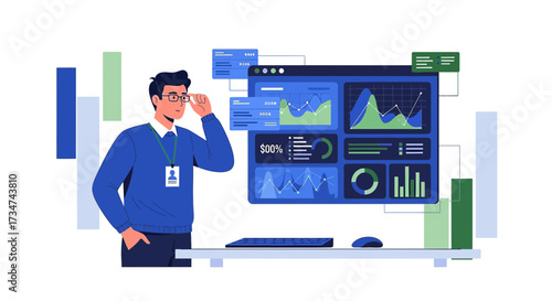 Data analyst reviewing financial charts and graphs on computer screen meticulously, achieving