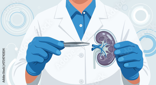 Detailed Kidney Anatomy Illustration with Medical Professional Examining Organ Carefully