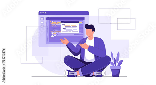 Developer sitting in lotus position with coding software interface illustration vector