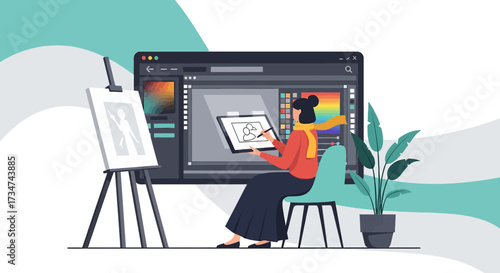 Digital artist creating artwork on a tablet connected to a design software on a computer